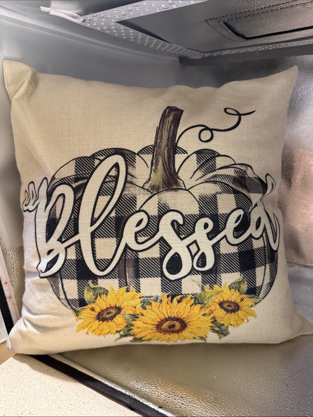 Blessed Buffalo Check Pumpkin Pillow - Sunflower Fall Decor